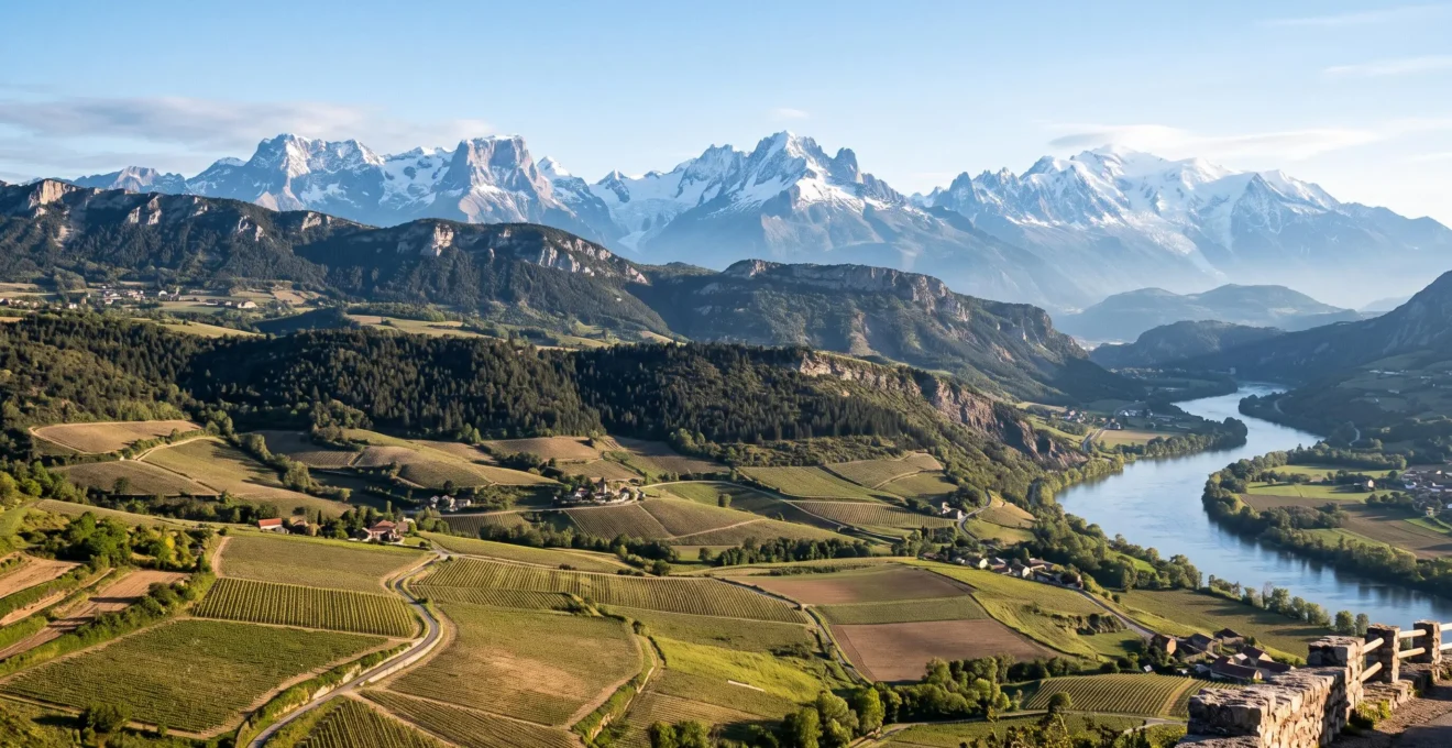 Panorama depuis un belvédère alpin montrant une plaine viticole, des crêts calcaires et des sommets enneigés dans un même cadrage.